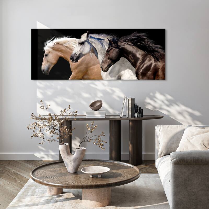 Horse Glass Wall Art Printed on Frameless Free Floating Tempered Glass Panel - Black