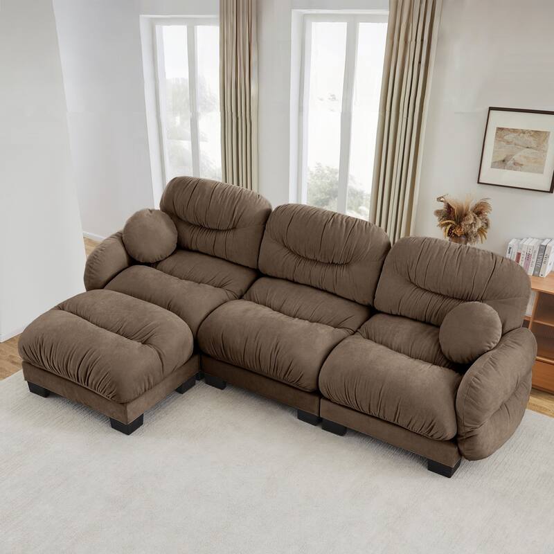 116" Chenille Pleated Design Sectional Sofa with Ottoman and 2 Round Pillows - Brown