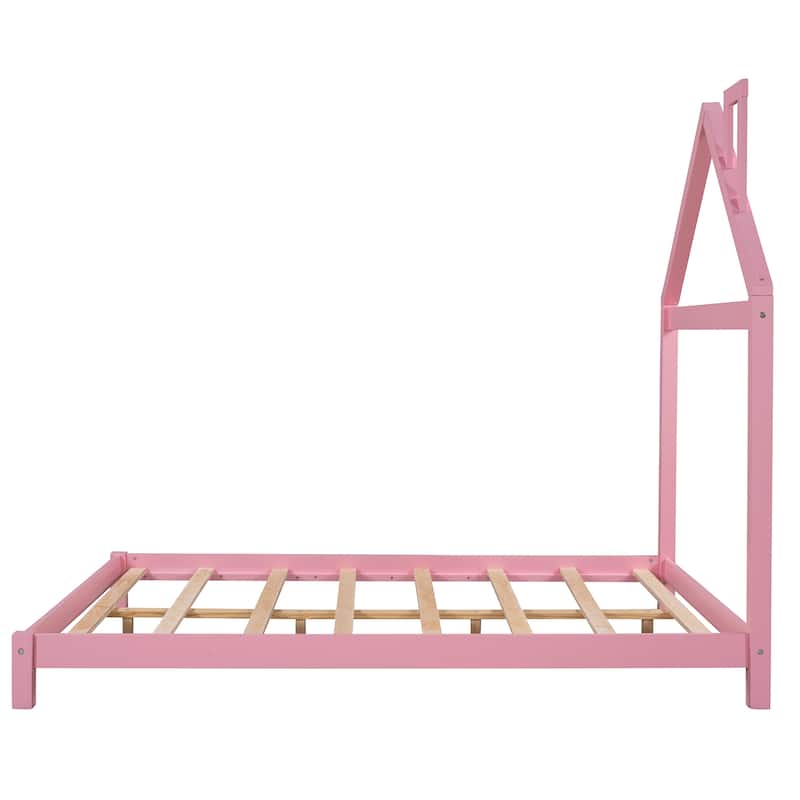 Full Size Wood Platform Bed with House-Shaped Headboard and Sturdy Pine Frame
