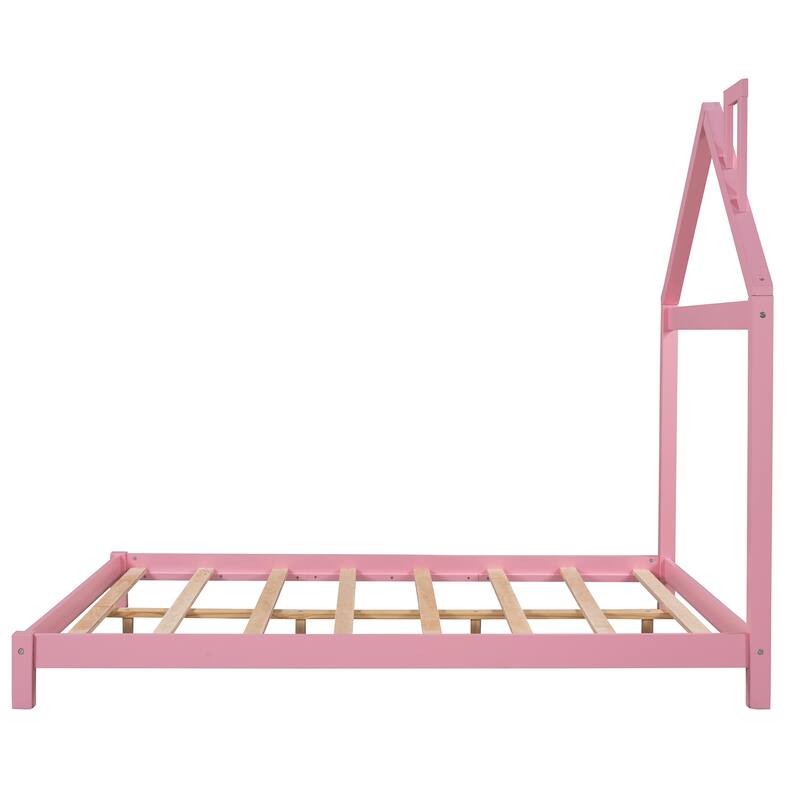 Wood Platform Bed with House-shaped Headboard
