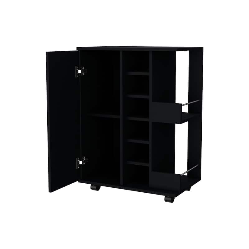 Tennessee Bar Cart, One Cabinet With Division, Six Cubbies For liquor, Two Shelves - Black