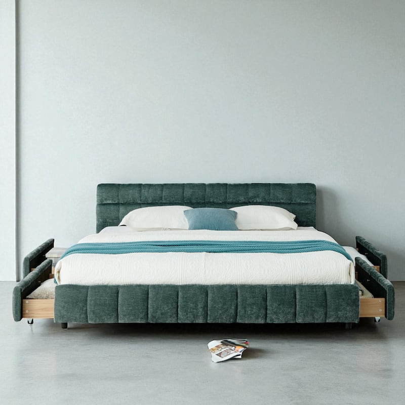 King Upholstered Platform Bed, Chenille Fabric, Headboard, Solid Frame, Under-Bed Storage Drawer, Modern Low-Profile