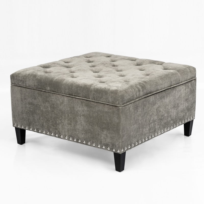 Adeco Large Square Footstool Fabric Storage Ottoman Bench Light Grey