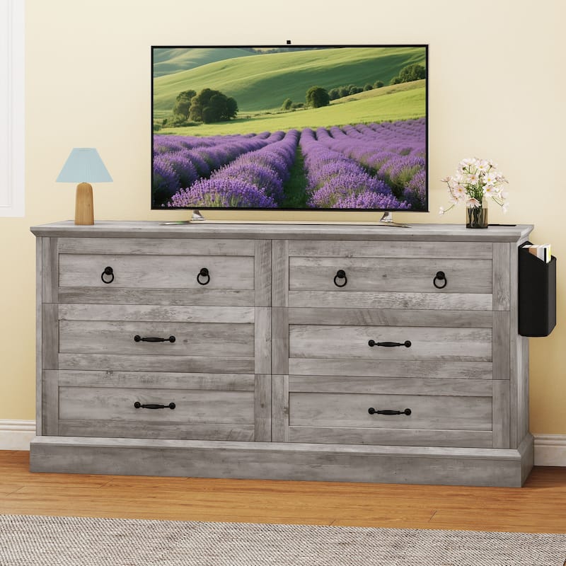 Moasis 59 Inch Farmhouse 6 Drawer Dresser for Bedroom Storage Organizer with Wood Finish and Metal Handles - Grey