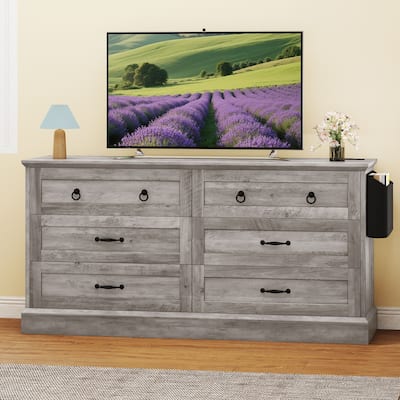 Moasis 59 Inch Farmhouse 6 Drawer Dresser for Bedroom Storage Organizer with Wood Finish and Metal Handles