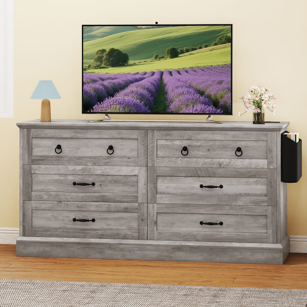 Moasis 59 Inch Farmhouse 6 Drawer Dresser for Bedroom Storage Organizer with Wood Finish and Metal Handles