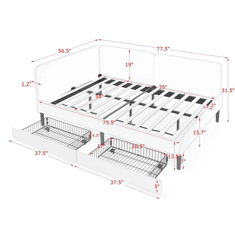 Full Size Upholstered Platform Bed Frame with 2 Storage Drawers, Adjustable Velvet Sofa Bed