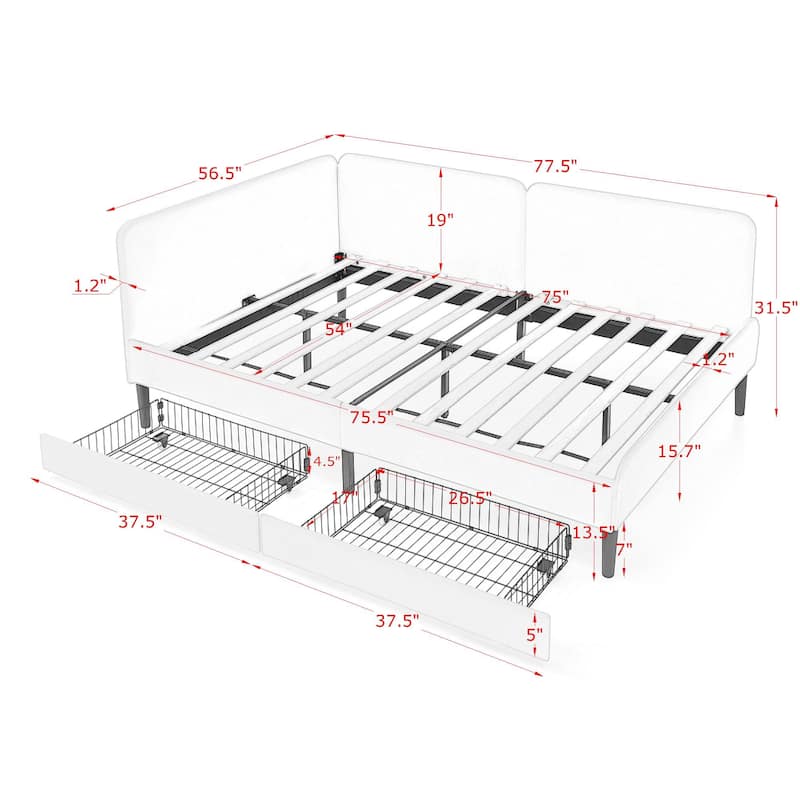 Roomfitters Twin/Full Upholstered Platform Bed with Side Backrest and Underbed Storage Trundle