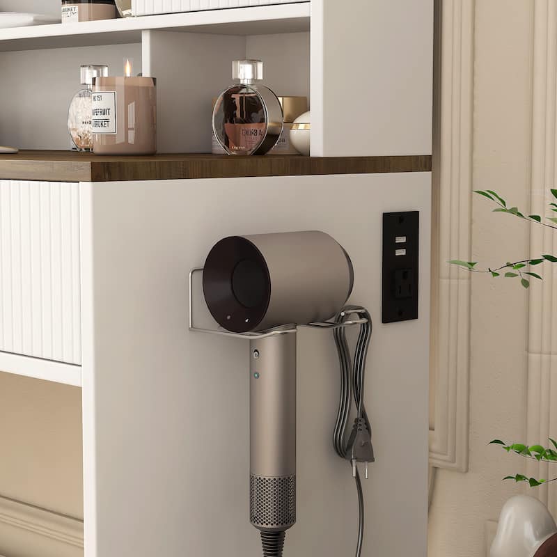 Farmhouse Vanity Desk with Makeup Mirror, Touch Light and Drawers, White Make-up Vanity Dressing Table with Charging Station