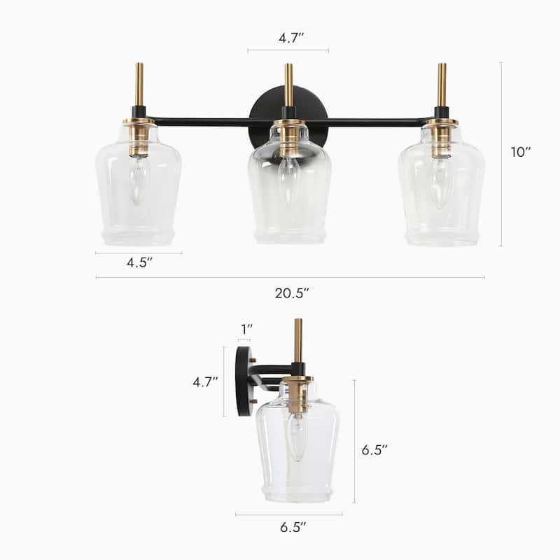Modern 3-Light Black Gold Bathroom Vanity Light Linear Glass Wall Sconces