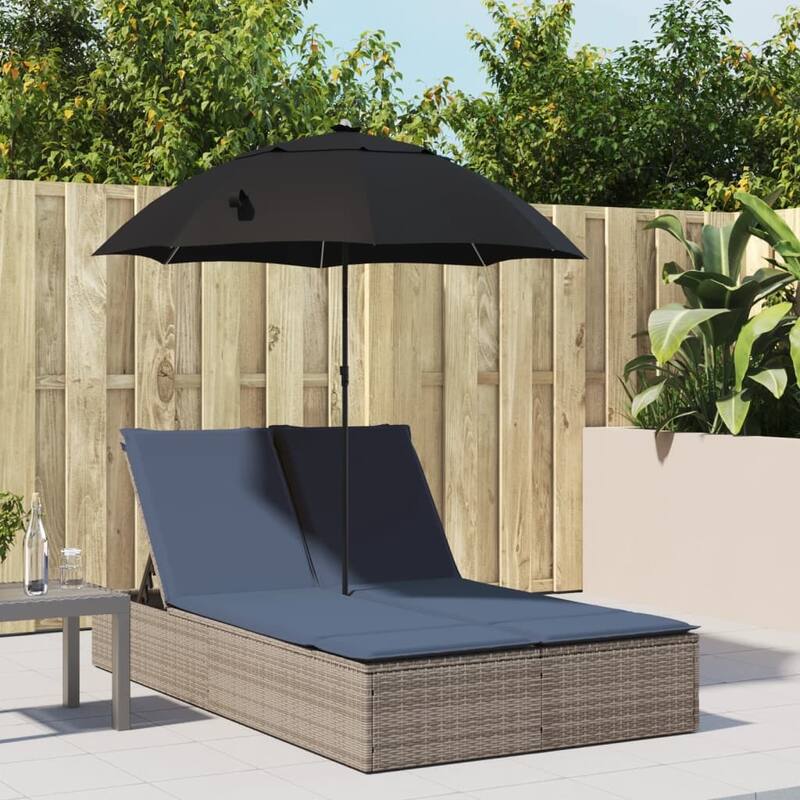 vidaXL Patio Double Sun Lounger&Cushions&Parasol Poly Rattan Brown/Gray/Black - 78.7" x 64.6" x 69.3" - Gray (2)