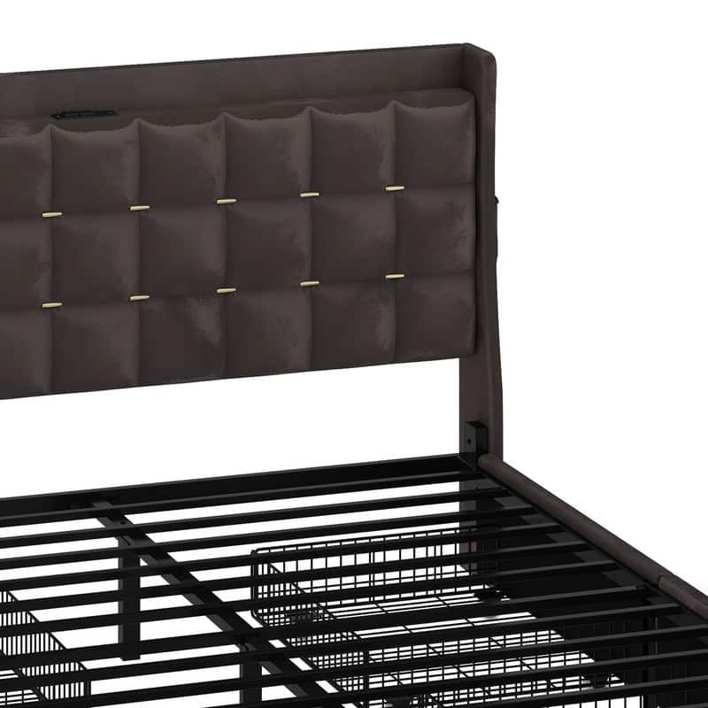 Moasis King Size Velvet Platform Bed with 4 Drawers,Bed Frames with RGB Light & Built-in Charging Station