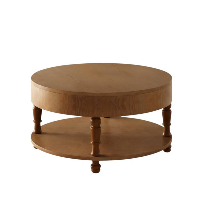 HomeRoots 32" Natural Wood Round Coffee Table With Hidden Storage And Shelf - 31.50 in. x 21.25 in. x 31.50 in.