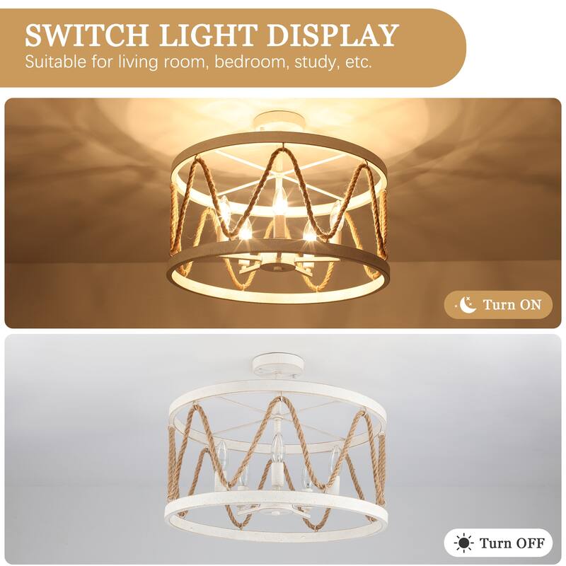 19.68 in. 5-Light Metal Hemp Rope Candlestick Semi-Flush Mount Light Ceiling Light for Kitchen Island