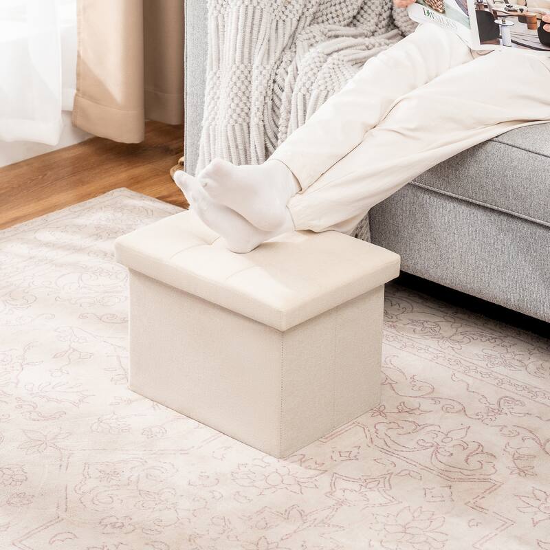 Adeco Foldable Linen Storage Ottoman with Tufted Button Design