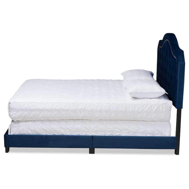 Queen Size Bed - Velvet Upholstered Button Tufted Bed Frame with Nailhead Trim & Feet
