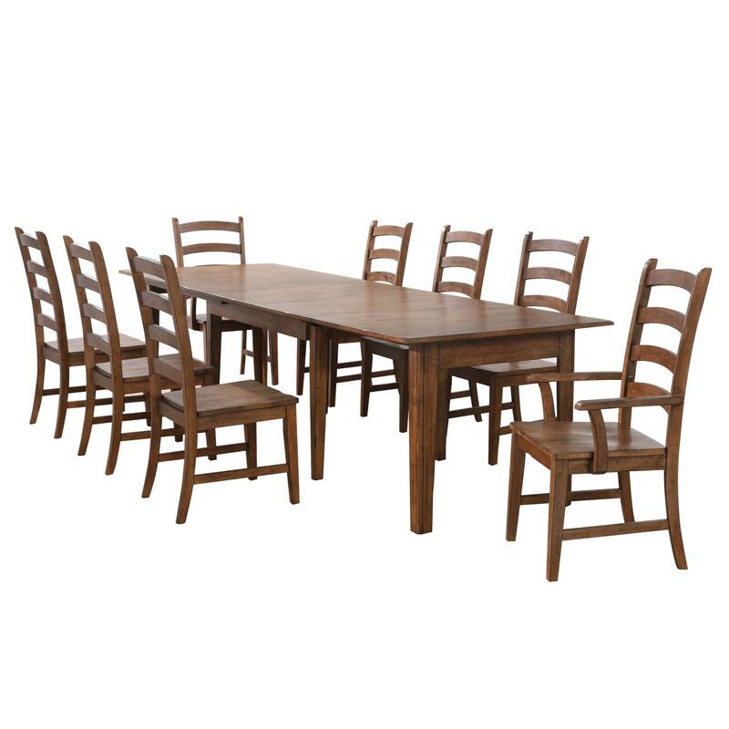 Extendable Dining Table Set for 12 - 9 Piece Rectangular Table & Chair Set - Amish Brown Finish