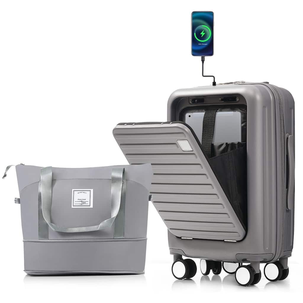 Front Opening 20-Inch Carry-On Luggage with Expandable Travel Bag Set, ABS Hard Shell Two-piece suitcase set with USB Port