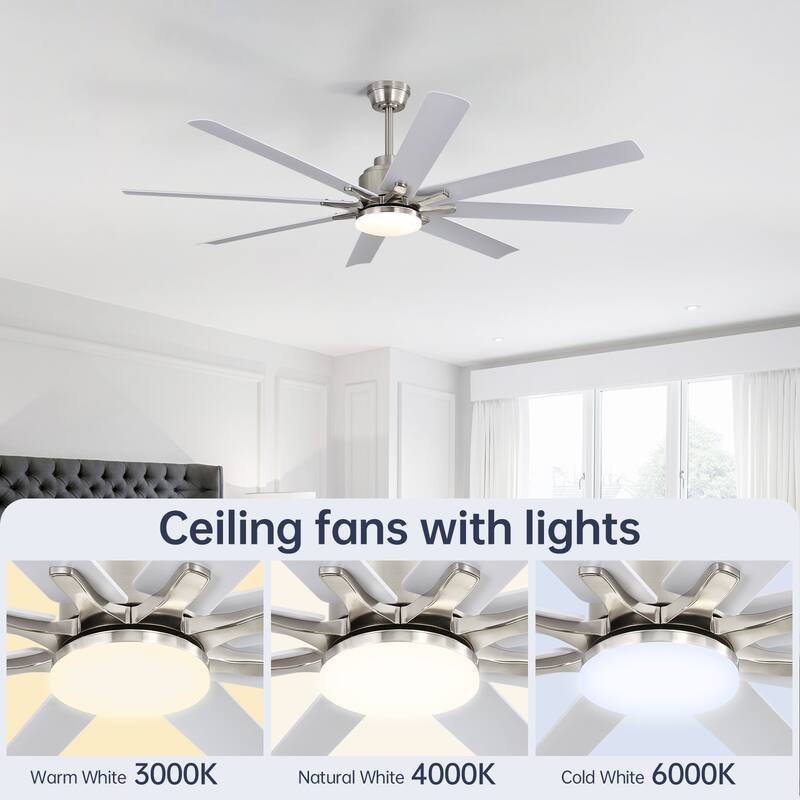 52 Inch/66 Inch/72 Inch Modern Ceiling Fan with Dimmable LED Light ,Remote&APP Control,8 Blades for Large Living Room,Porch
