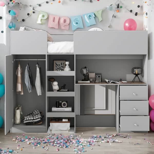 slide 2 of 13, Modern Full Size Wood Loft Bed with Built-in Wardrobe,Desk,Storage Shelves and Drawers,For Bedroom Grey