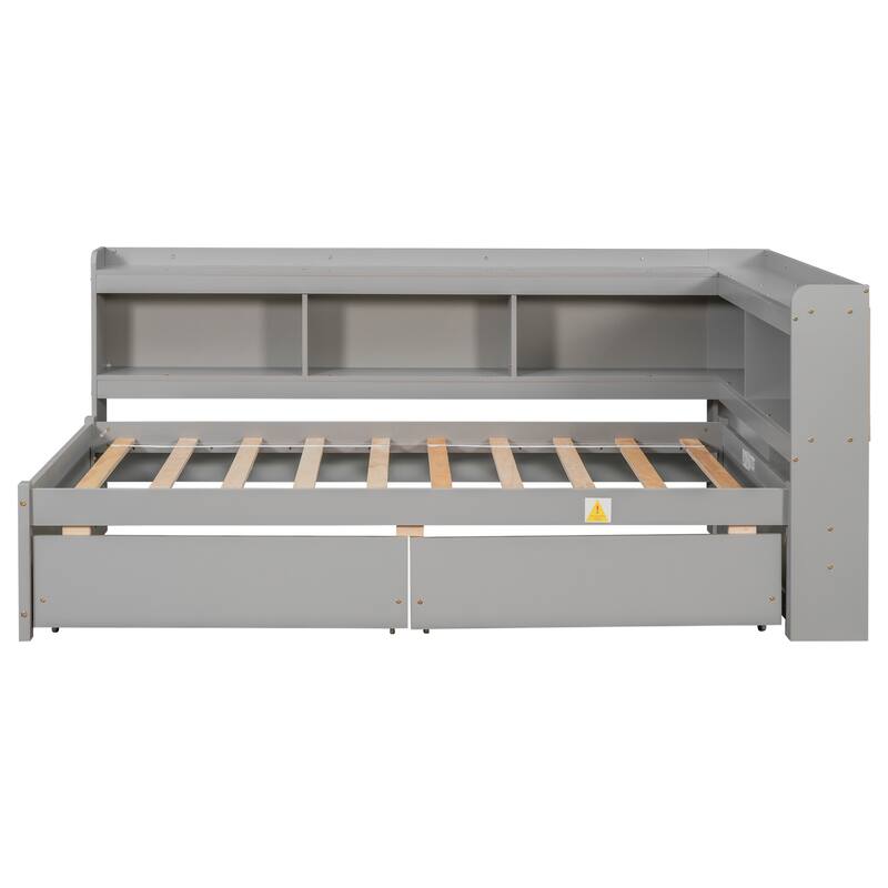 Twin/Full Size Bed with Storage Drawers and L-Shaped Bookshelves, Ideal for Kids or Guest Rooms, No Box Spring Needed