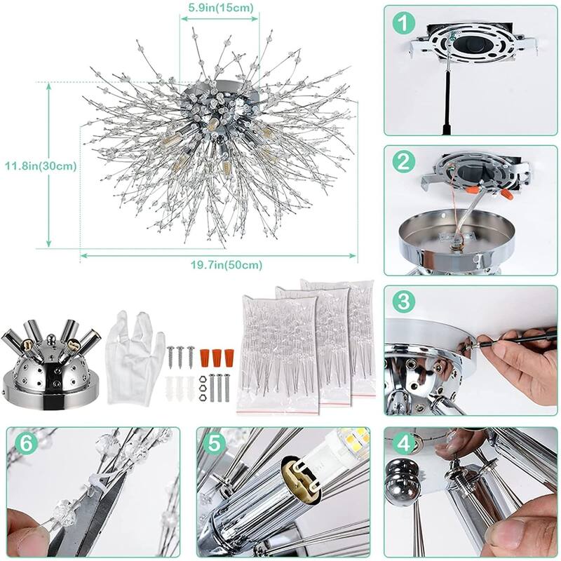 Crystal Flush Mount Ceiling Light, Modern Sputnik Firework Close to Ceiling Lamp, LED Ceiling Light Fixtures for Bedroom Kitchen