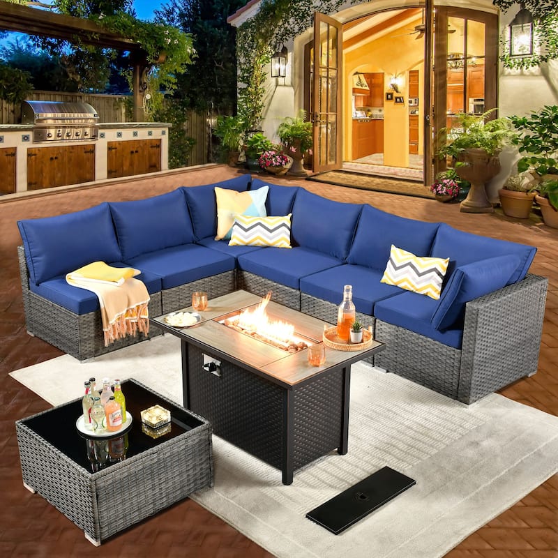 HOOOWOOO 8-piece Grey Wicker Patio Furniture Set Sectional Sofa with Fire Pit Table - Navy Blue