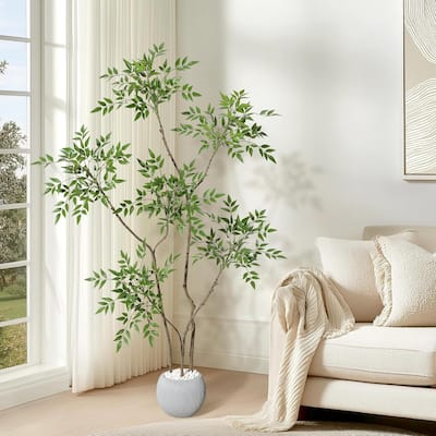 Artificial Plants Indoor, 5FT Tall Faux Floor Plant in Pot, Nandina Artificial Tree with Grey Planter