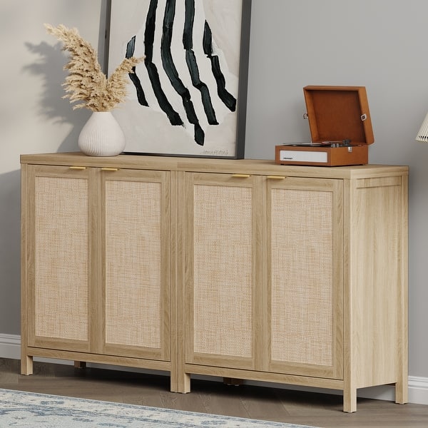 slide 2 of 9, SICOTAS Rattan Sideboard Buffet Set of 2 with 2 Doors Beige