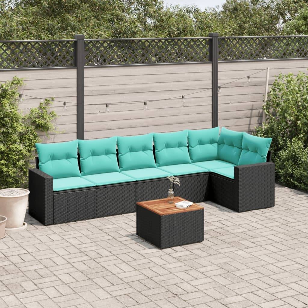vidaXL 7 Piece Patio Sofa Set with Cushions Black Poly Rattan