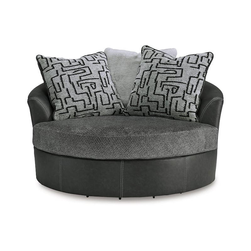 Burt Swivel Oversize Accent Chair w Pillows, Gray Fabric, Faux Leather