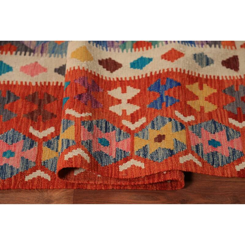 Reversible Kilim Oriental Area Rug Hand-Woven Orange Wool Carpet - 8'2" x 9'9"