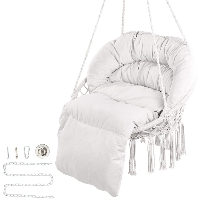 Hanging Hammock Swing Chair, Macramé Hanging Chair with Cushion and Mounting Hardware, Cotton Rope Swing Chair - 330 Lbs Capacity with backrest cushion