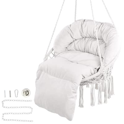 Hanging Hammock Swing Chair, Macramé Hanging Chair with Cushion and Mounting Hardware, Cotton Rope Swing Chair