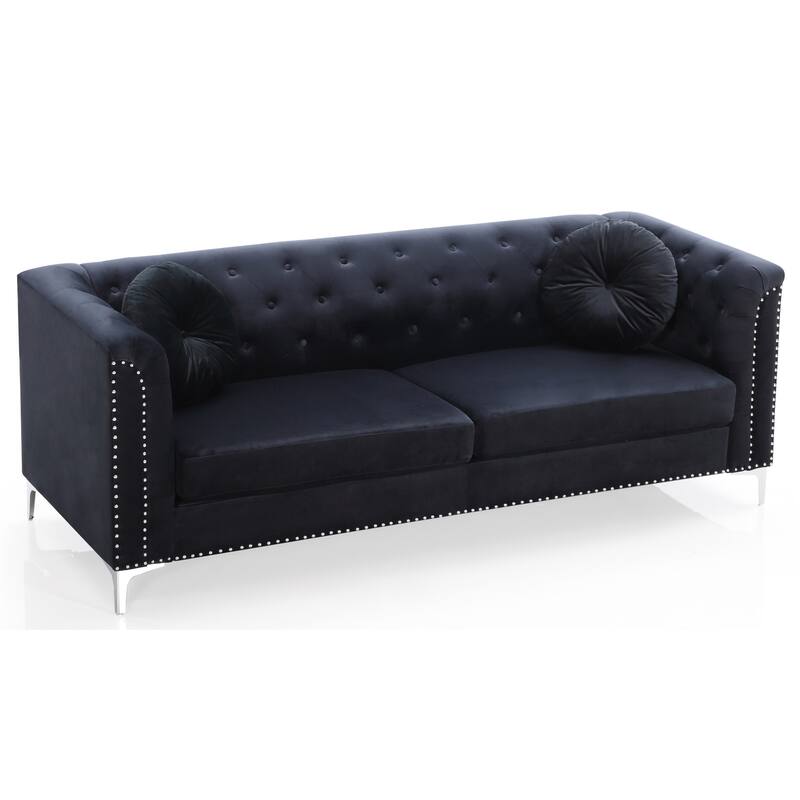 Tufted Nailhead Trim Velvet Sofa with Throw Pillows - 83" - Black