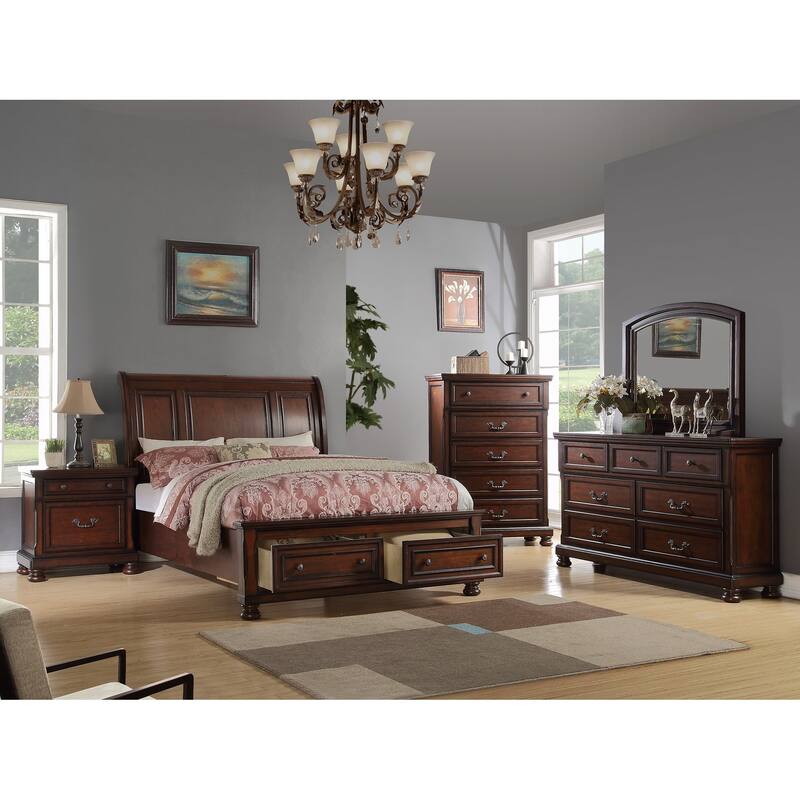 Traditional Style Bed Set Dark Cherry Finish Underbed Drawers Bedroom Furniture