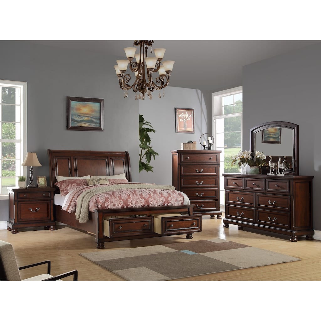 Traditional Style Bed Set Dark Cherry Finish Underbed Drawers Bedroom Furniture