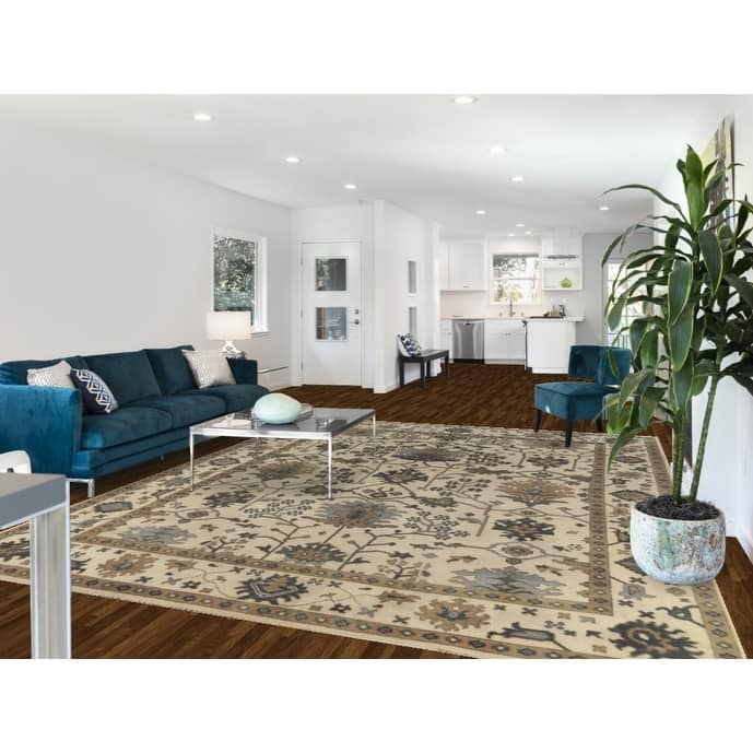 Earth Tone Oushak Area Rug Hand-Knotted Beige Floral Wool Carpet - 9'1" x 11'8"