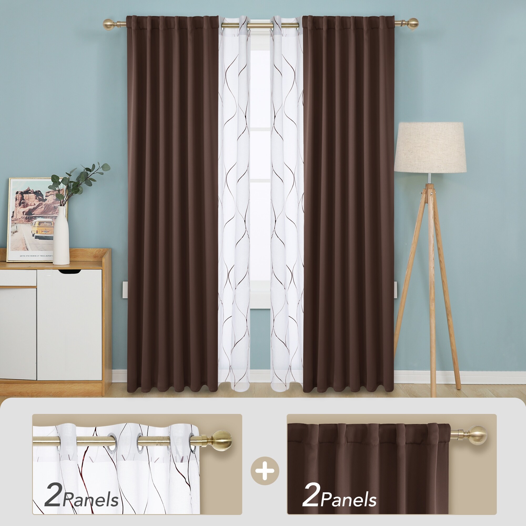 Deconovo Mix & Match Blackout and Bronze Print White Sheer 4 Piece Curtain Panel Set