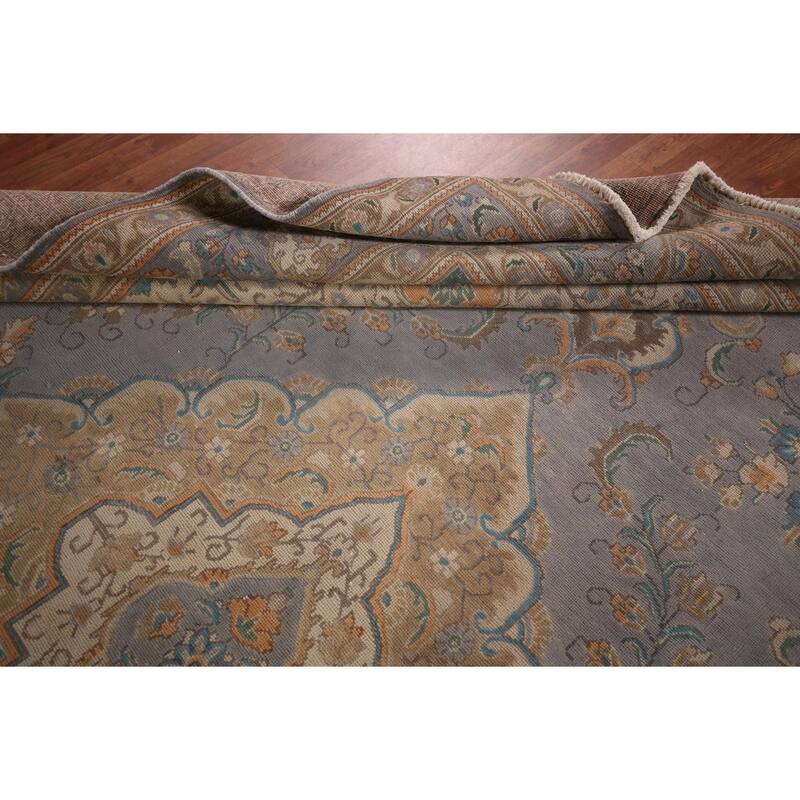 Tabriz Persian Vintage Area Rug Hand-Knotted Blue Wool Carpet - 9'10"x 12'9"
