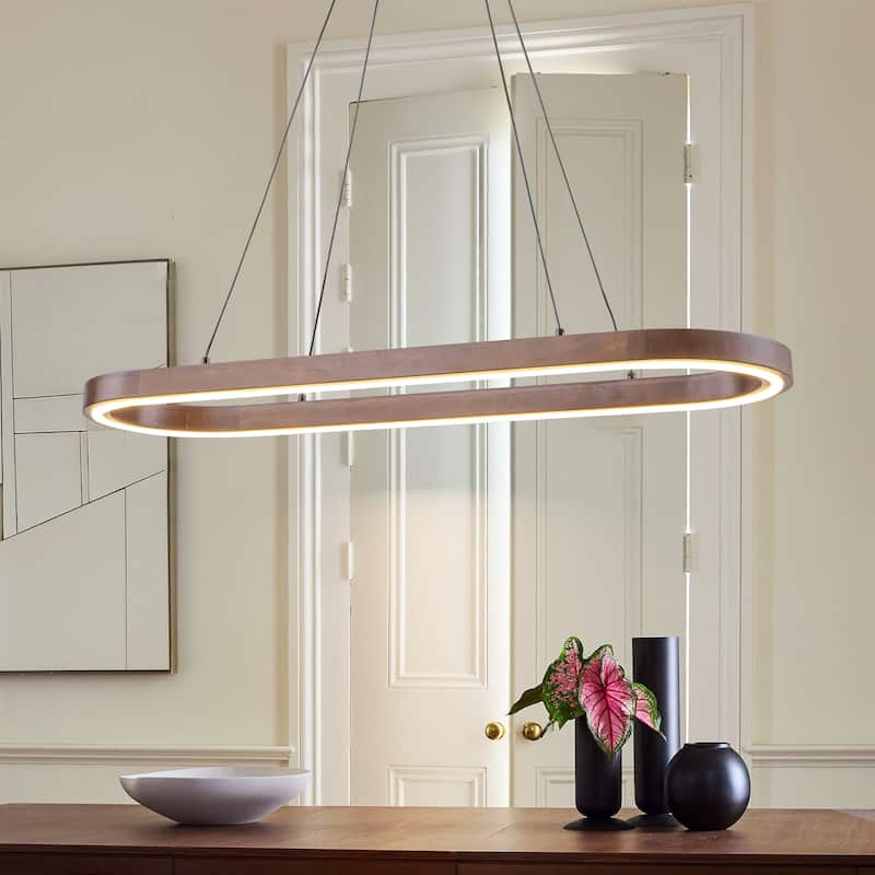 39.4" Modern Wood Oval LED Pendant Light - 39W 3000K Warm Light Linear Ceiling Pendant, Dimmable LED Fixture for Dining Room