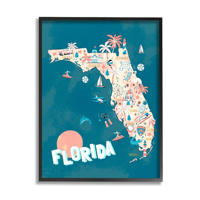Stupell Florida Sunny State Retro Vacation Tourism Vivid Map Framed Wall Art, Design by Ziwei Li - Blue