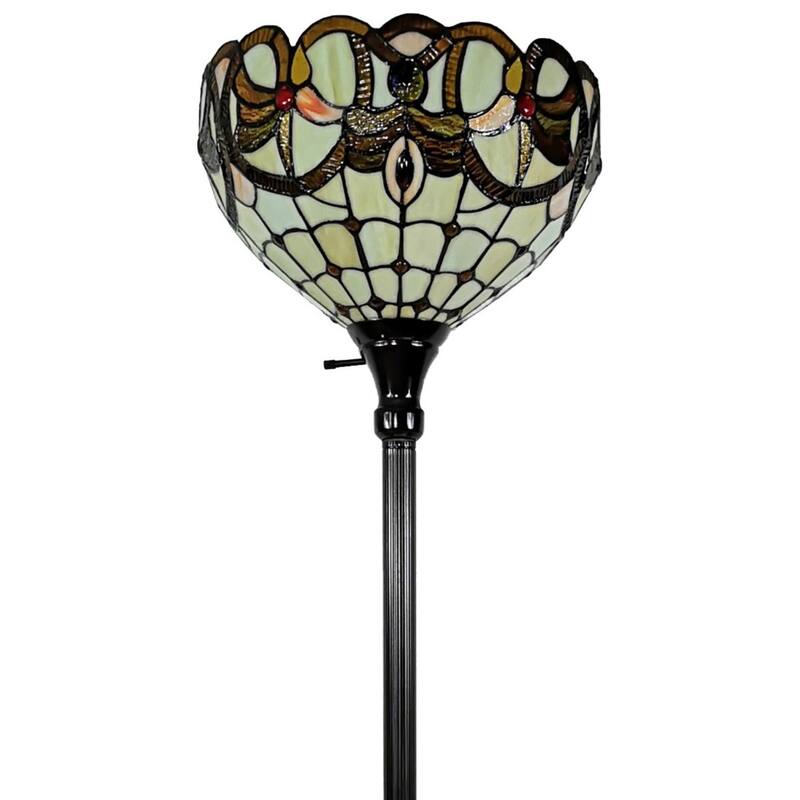 Beige Metal Torchiere Floor Lamp with Red White Stained Glass Shade - 12” x 12” x 62” (D x W x H)