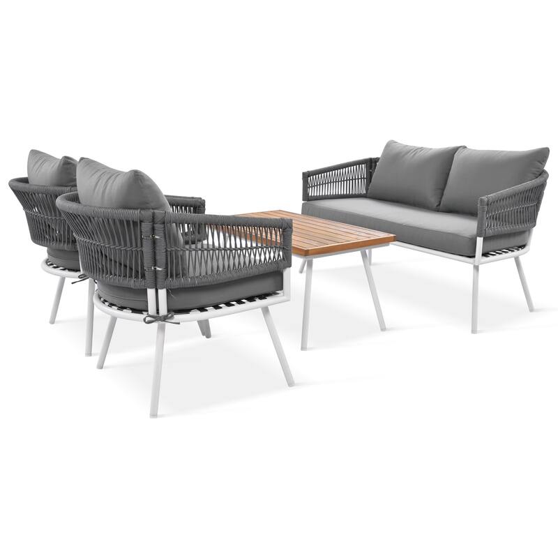 4-Piece Patio Furniture Set, Outdoor Furniture with Acacia Wood Table, Patio Conversation Set with Cushion