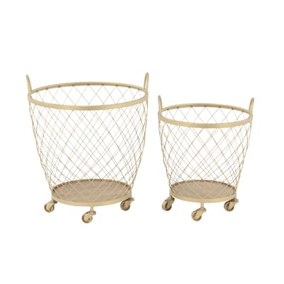 Metal Deep Set Wire Basket Storage Cart with Wheels and Handle - Set of 2 Gold - Roche River Decor - 17"W x 18"L x 21"H
