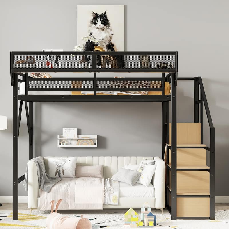 Metal Loft Bed with Stairs and Storage Shelves