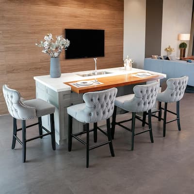 Contemporary Velvet Upholstered Wing-Back Barstools with Button Tufted Decoration and Wooden Legs, Set of 4