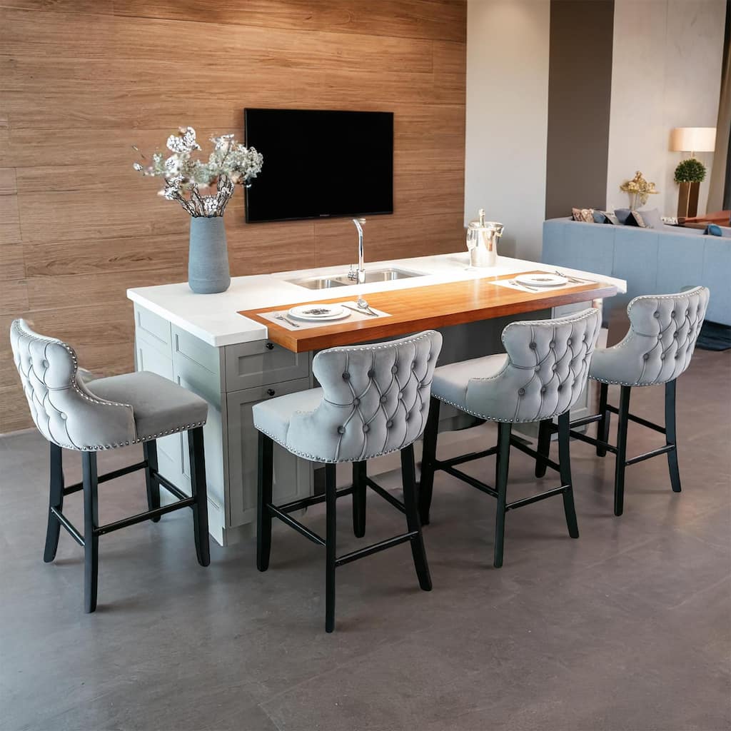 Contemporary Velvet Upholstered Wing-Back Barstools with Button Tufted Decoration and Wooden Legs, Set of 4