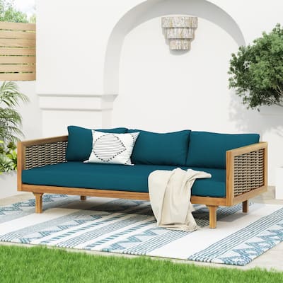 Rattan Arm Daybed 3-Person Acacia Wood Slat Design Outdoor Lounge Furniture
