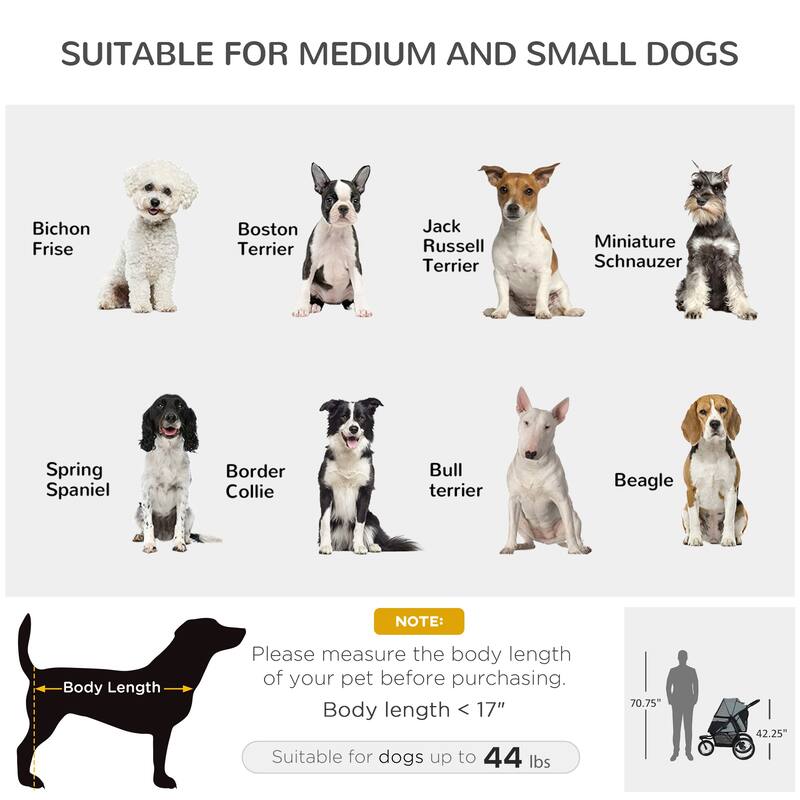 PawHut Pet Stroller for Small and Medium Dogs, 3 Big Wheels Foldable Cat Stroller with Adjustable Canopy